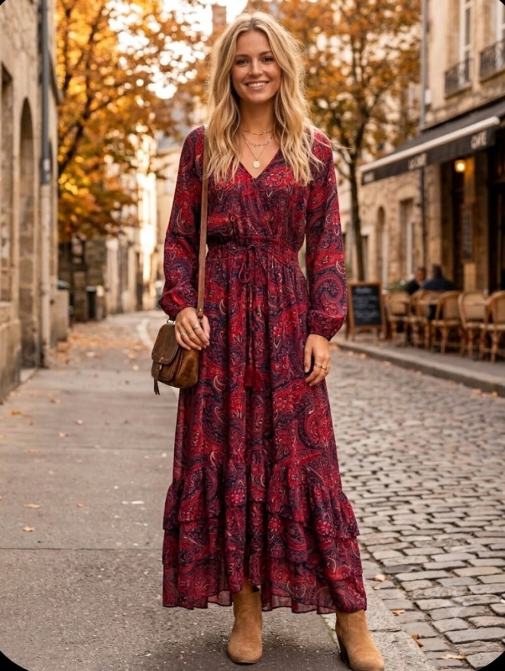 Boemo Paisley Bohemian Tiered Maxi Dress Medium Red Navy Long Sleeve V-Neck